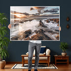 Rocky Coast Ocean Sunset Wall Art Canvas Print, Dramatic Seascape Nature Decor