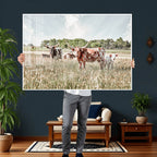Texas Longhorn Cattle Wall Art Canvas Print, Western Ranch Landscape Decor
