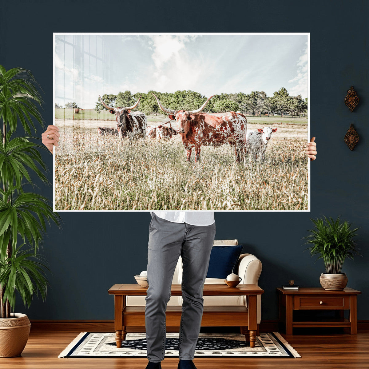 Texas Longhorn Cattle Wall Art Canvas Print, Western Ranch Landscape Decor