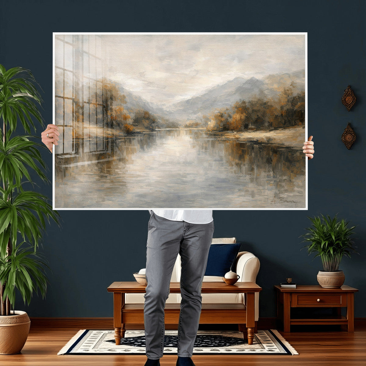 Neutral Abstract River Landscape Wall Art Canvas Print