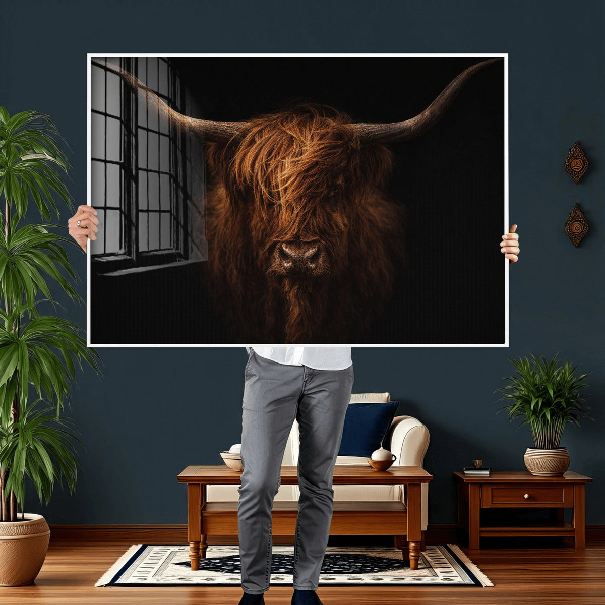 Highland Cow Wall Art Canvas Print | Moody Dark Rustic Farmhouse Portrait