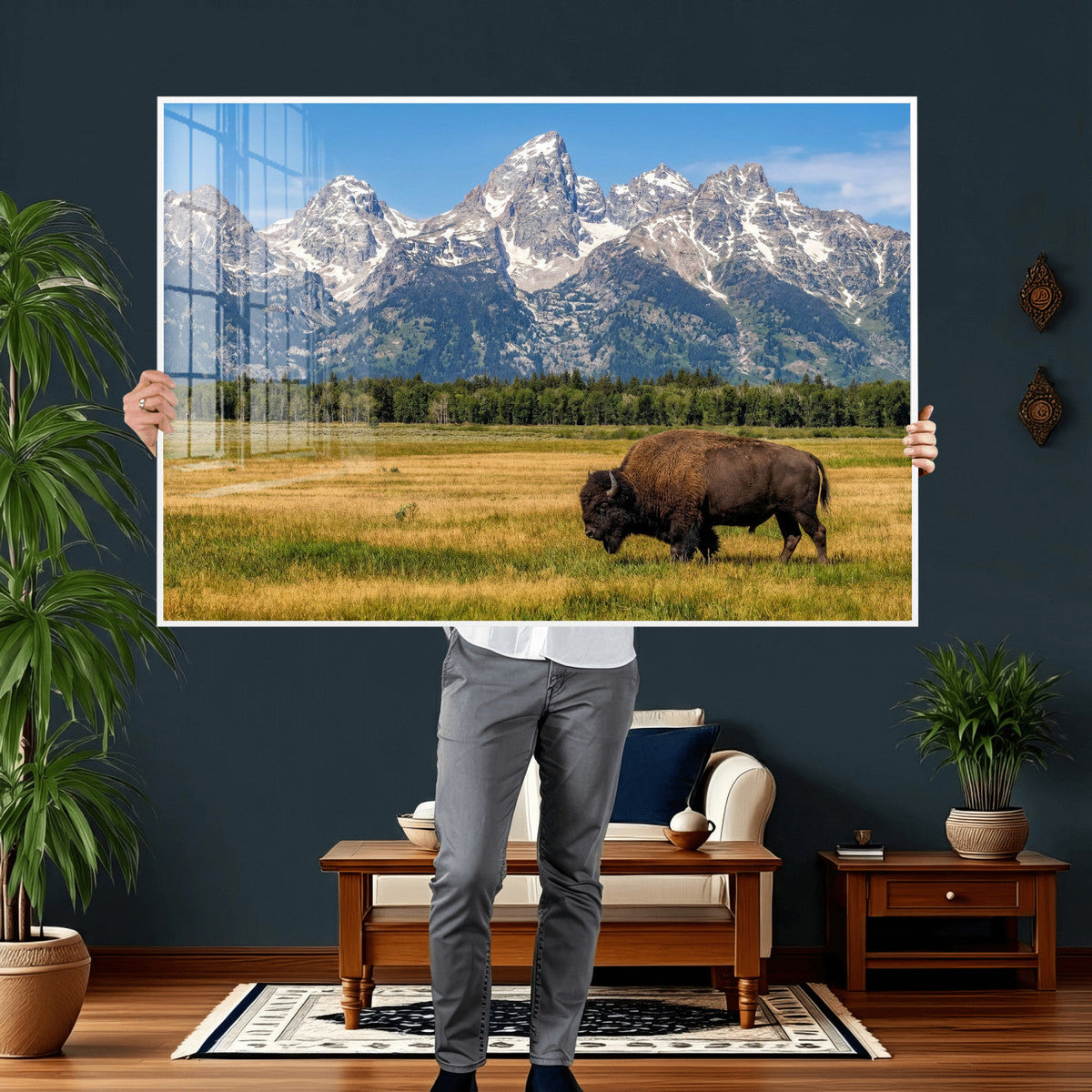 Bison in Mountain Landscape Wall Art Canvas Print, Western Decor