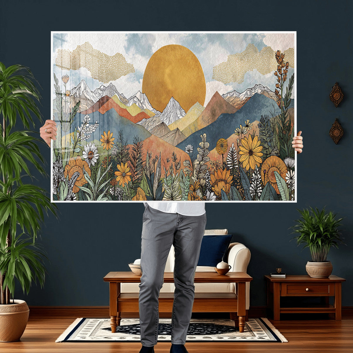 Boho Mountain Landscape Large Wall Art, Horizontal Gold Sun and Flowers Print