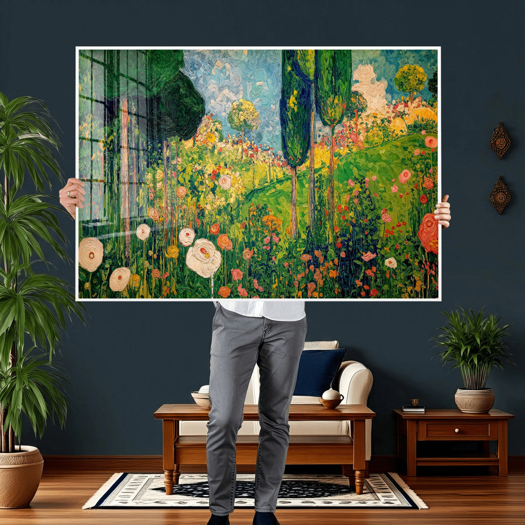 Gustav Klimt Boho Mountain Landscape Large Wall Art, Gold Sun and Flowers Print