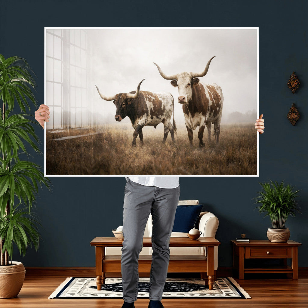 Texas Longhorn Canvas Wall Art Western Bull Desert, Rustic Farmhouse Wall Decor