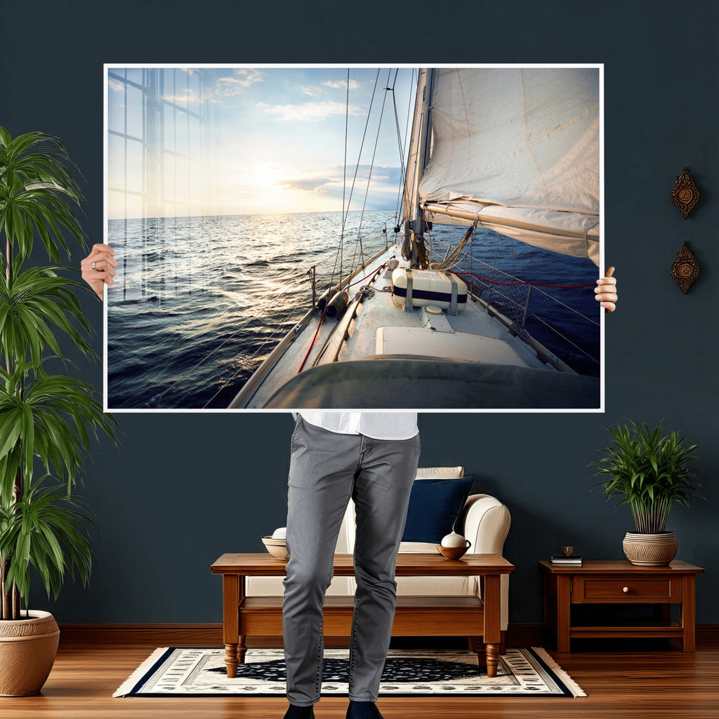 Sailboat Wall Art Canvas Print, Ocean Sunset Sailing Framed Artwork