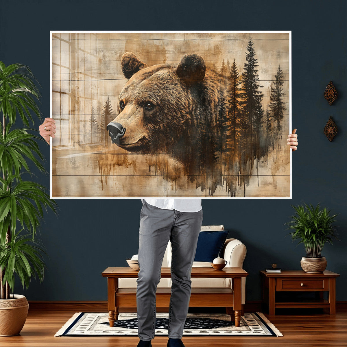 Rustic Grizzly Bear Wall Art, Abstract Grizzly 399 Bear Canvas Print, Woodland Wildlife