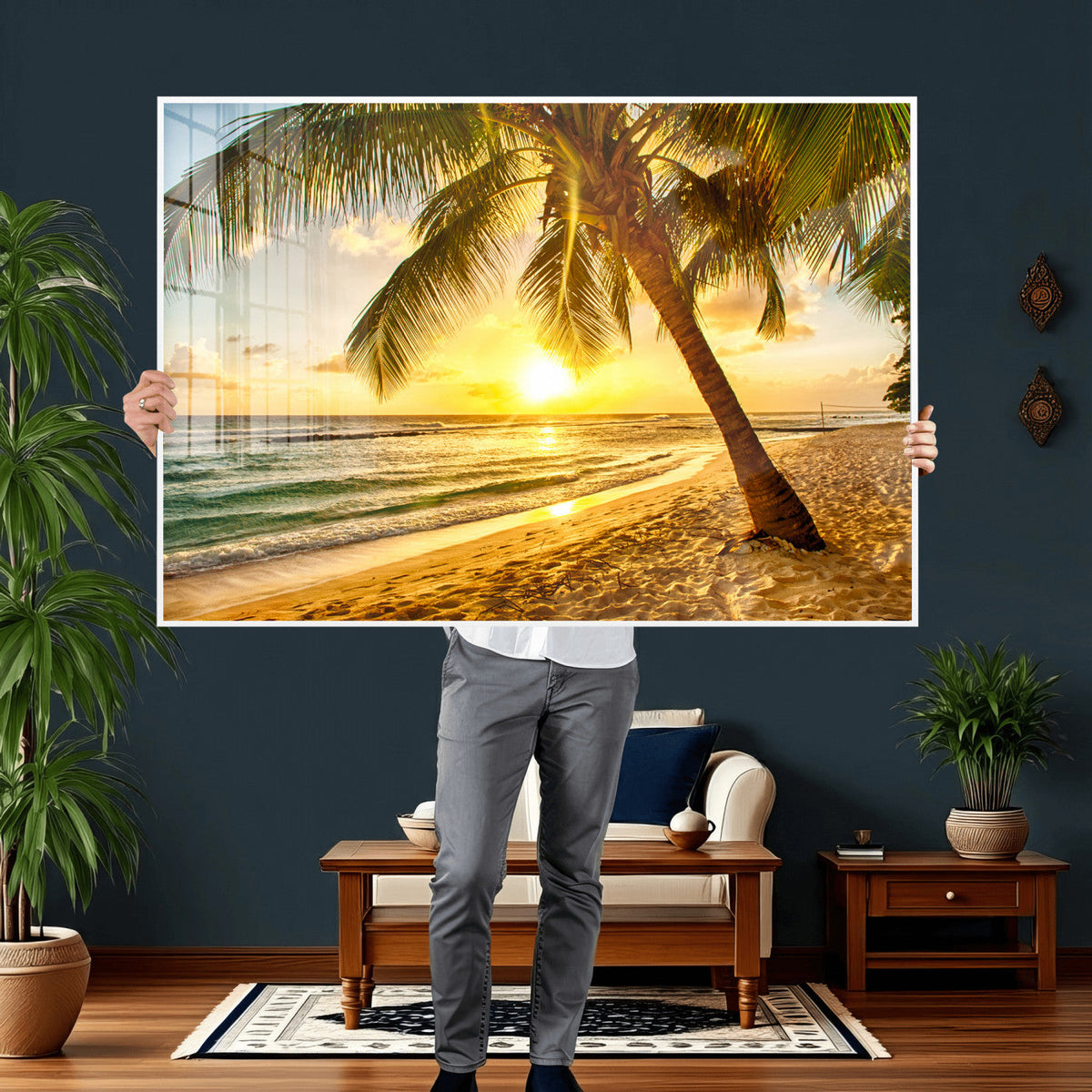 Beach Sunset Canvas Wall Art Print - Tropical Beach Canvas With Palm Trees