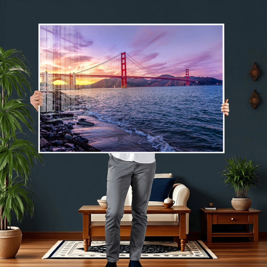 Golden Gate Bridge Wall Art Canvas Print, Framed San Francisco Sunset Landmark