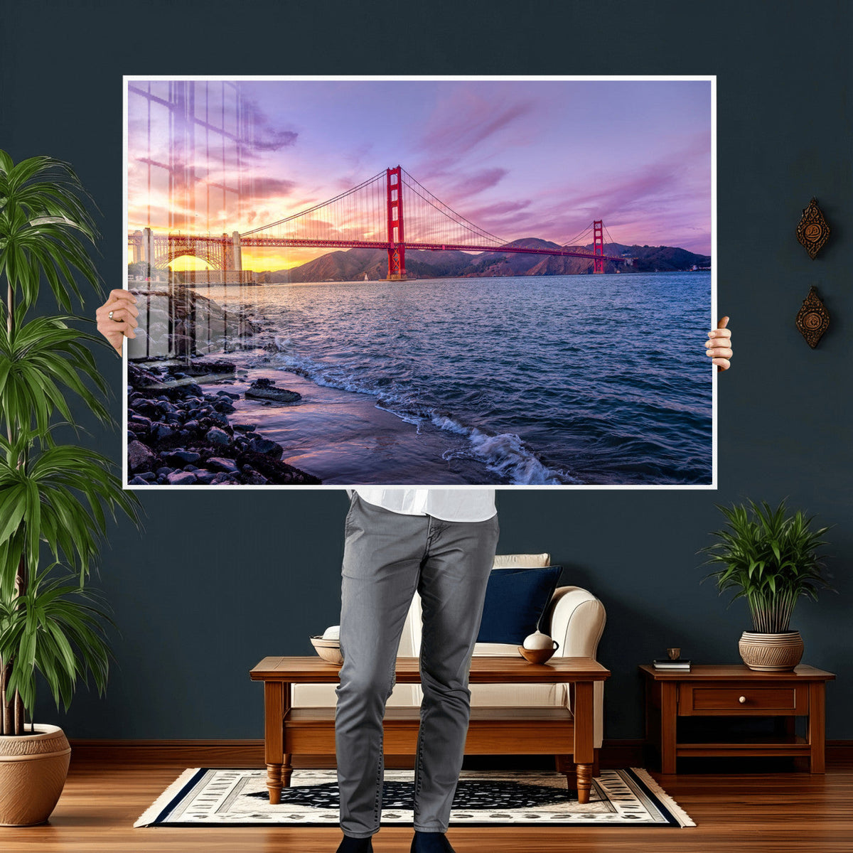 Golden Gate Bridge Wall Art Canvas Print, Framed San Francisco Sunset Landmark