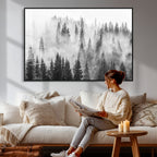 Forest Wall Art Print | Foggy Pine Forest Canvas Wall Art, Black and White Nature Decor