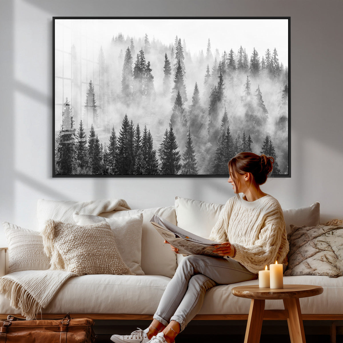 Forest Wall Art Print | Foggy Pine Forest Canvas Wall Art, Black and White Nature Decor