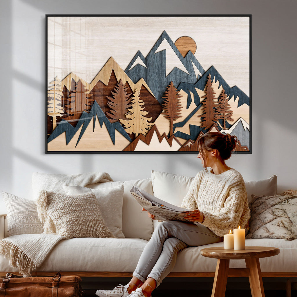Rustic Abstract Wood Panel Effect Canvas | Mountain Range Top Wood Wall Art Canvas Print