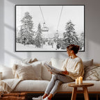 Snowy Ski Lift Wall Art | Framed Winter Forest Canvas
