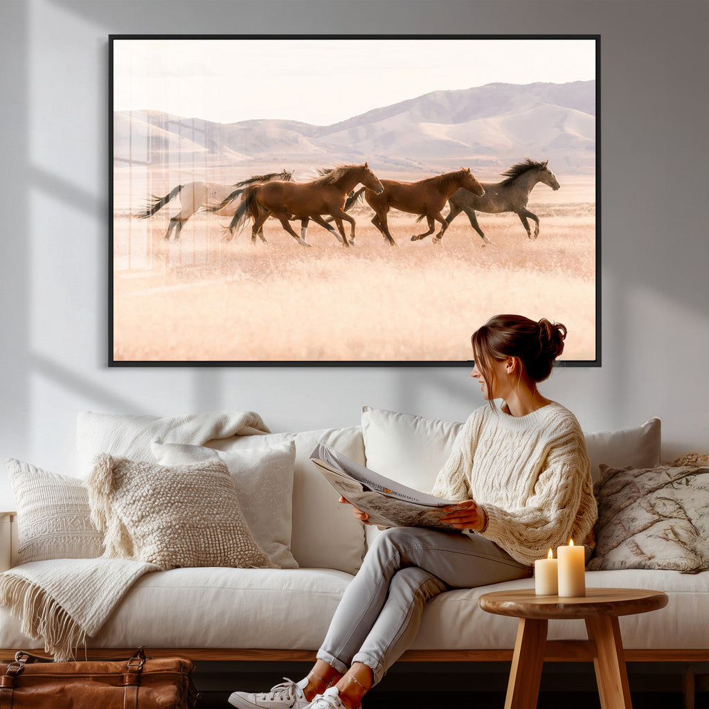 Wild Horse Wall Art Canvas Print, Framed Rustic Western Art, Desert Horse Scene