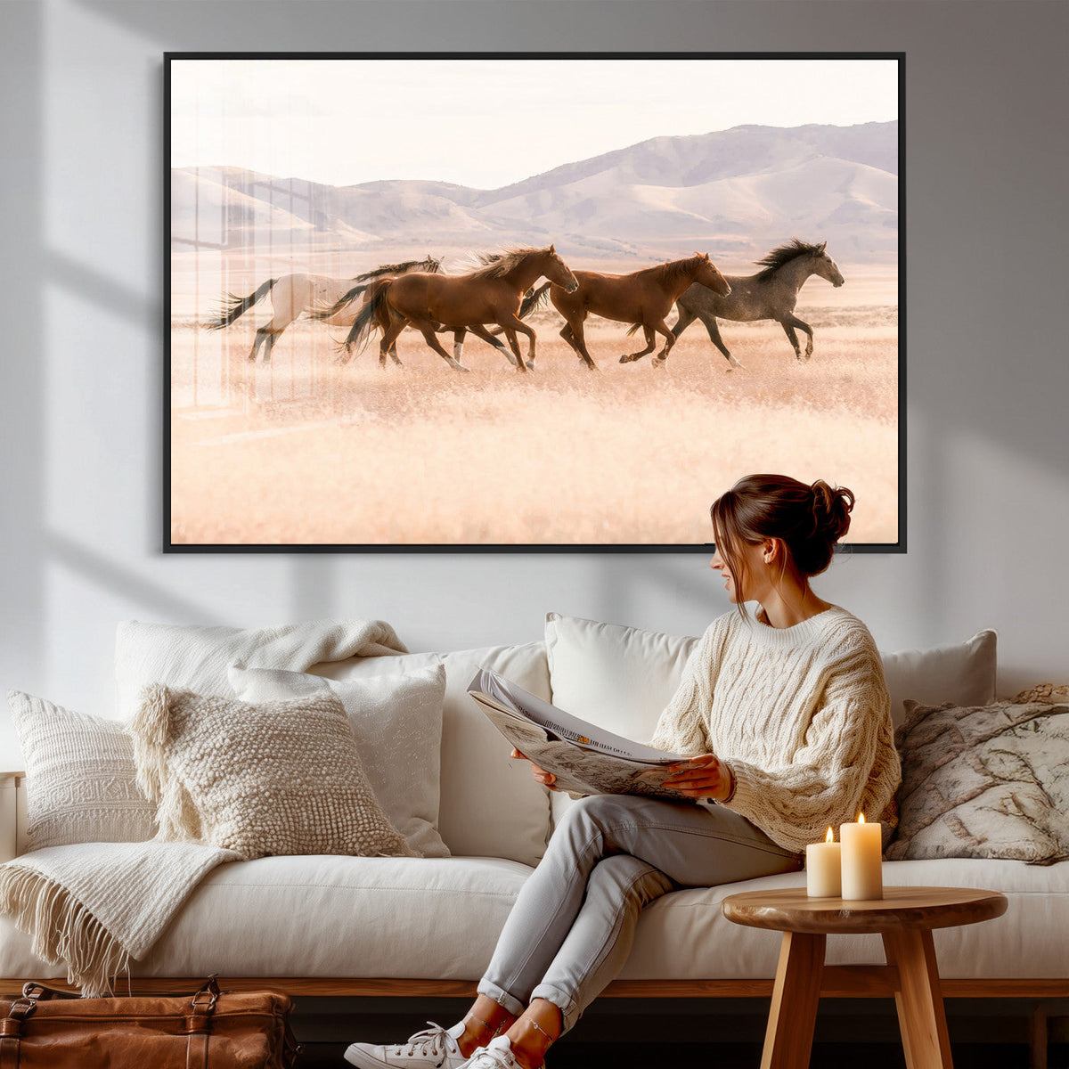 Wild Horse Wall Art Canvas Print, Framed Rustic Western Art, Desert Horse Scene