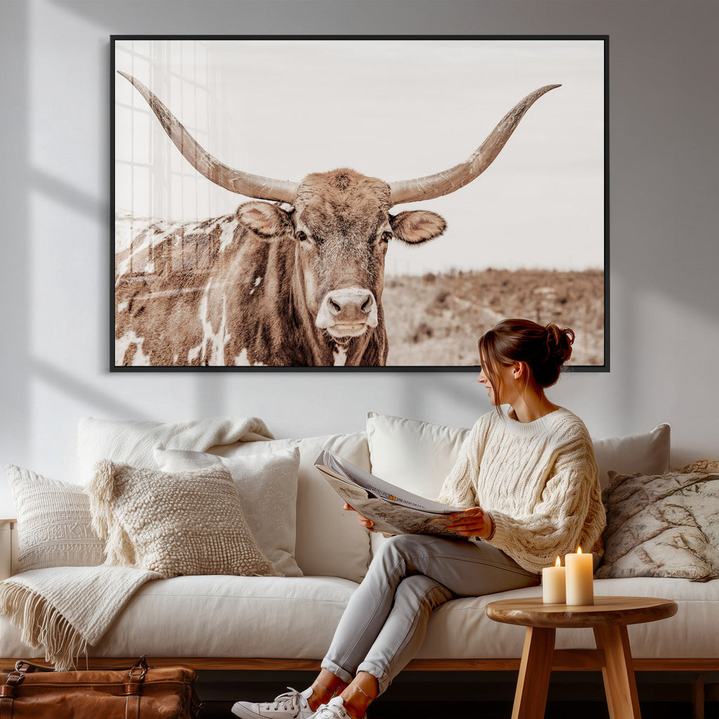 Longhorn Cow Wall Art Canvas Print, Framed Texas Ranch Print, Western Bull Art, Cowboy Decor