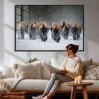 Bison Herd Wall Art Canvas Print, Framed Rustic Wildlife Decor, Snowy Bison Landscape