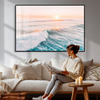 Sunset Surfing Wall Art Canvas Print, Ocean Wave Surfer with Golden Sky