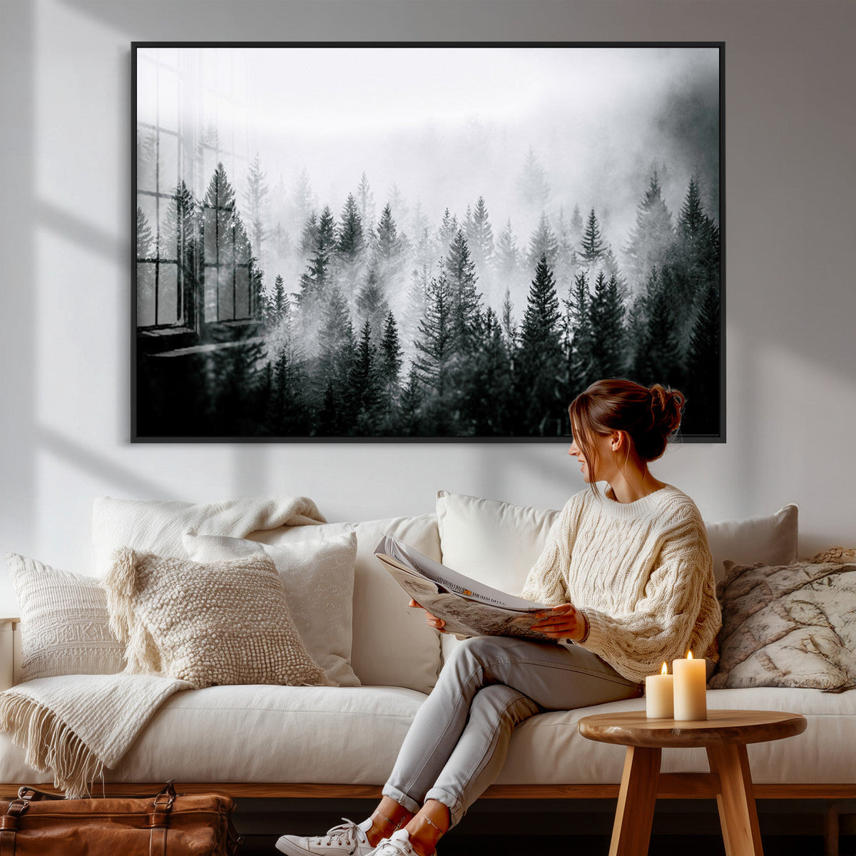 Foggy Forest Wall Art Canvas Print, Mountain Woodland Landscape, Minimal Nature Decor