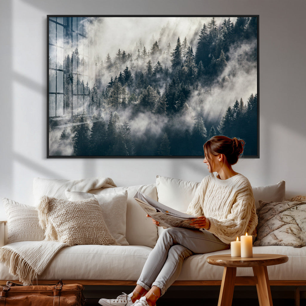 Foggy Mountain Forest Canvas Print, Misty Pine Trees Nature Wall Art