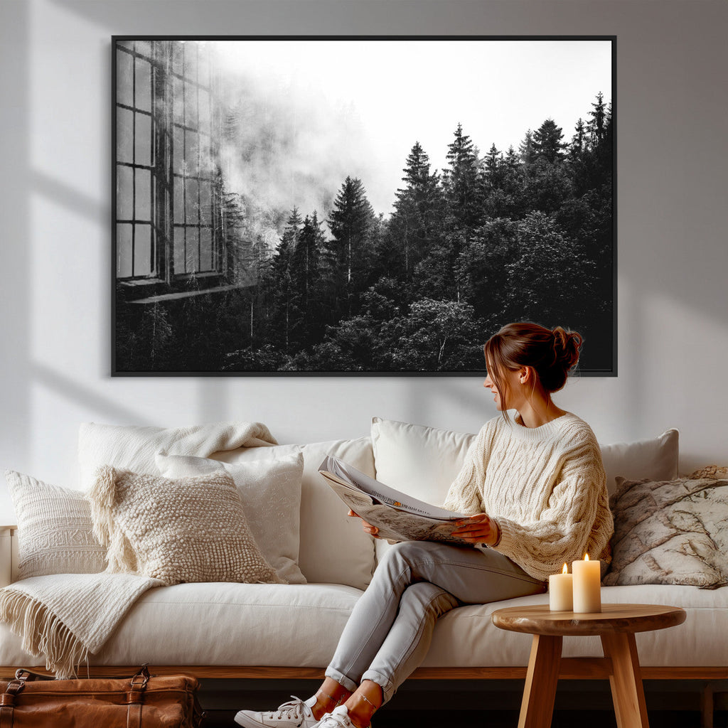 Black White Forest Wall Art Canvas Print, Misty Pine Tree Landscape