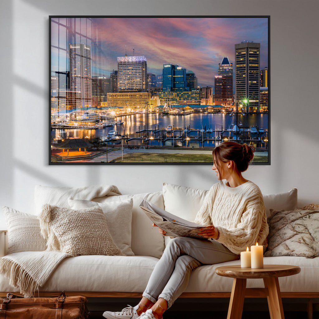 Baltimore Skyline Wall Art Canvas Print, Baltimore Downtown Night Cityscape