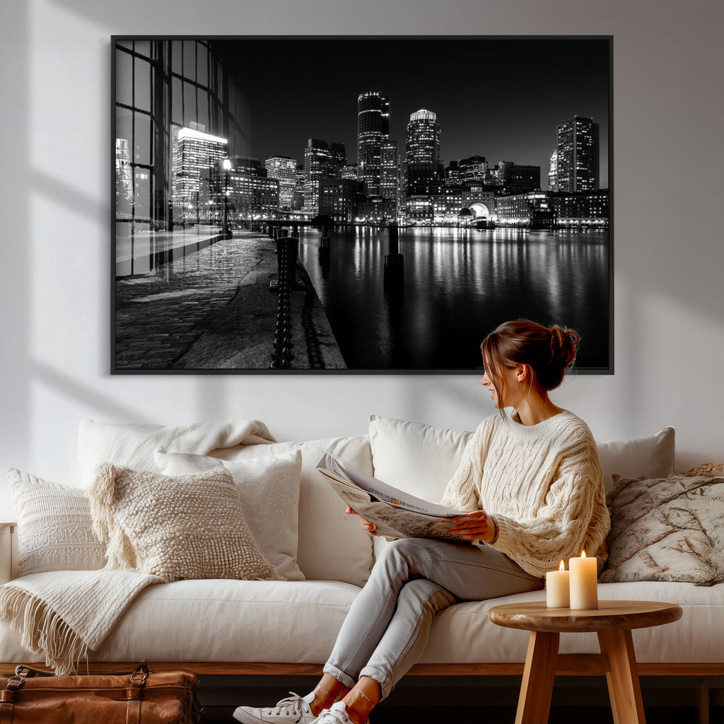 Boston Wall Art Canvas Print, Boston City Downtown Night Cityscape