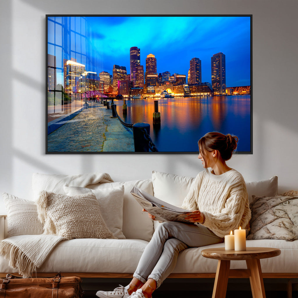 Boston Wall Art Canvas Print, Boston City Downtown Night Cityscape