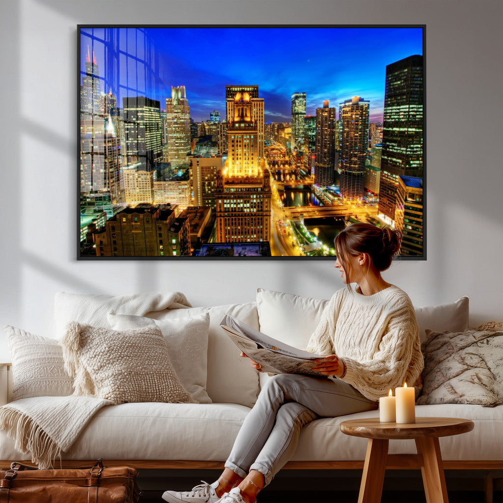 Chicago Wall Art Canvas Print - Chicago City Downtown Night Cityscape