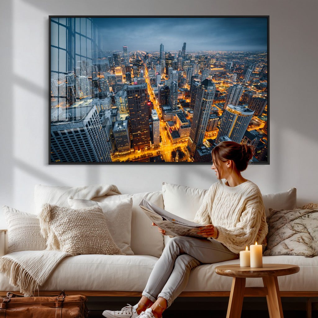 Chicago Wall Art Canvas Print - Chicago City Downtown Night Cityscape