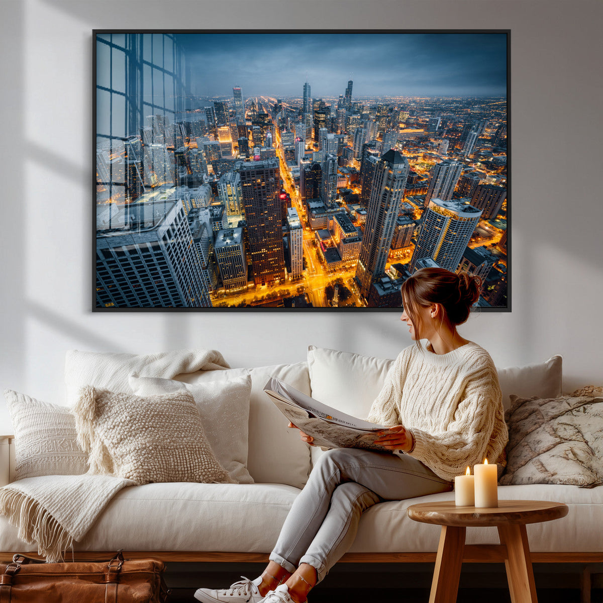 Chicago Wall Art Canvas Print - Chicago City Downtown Night Cityscape