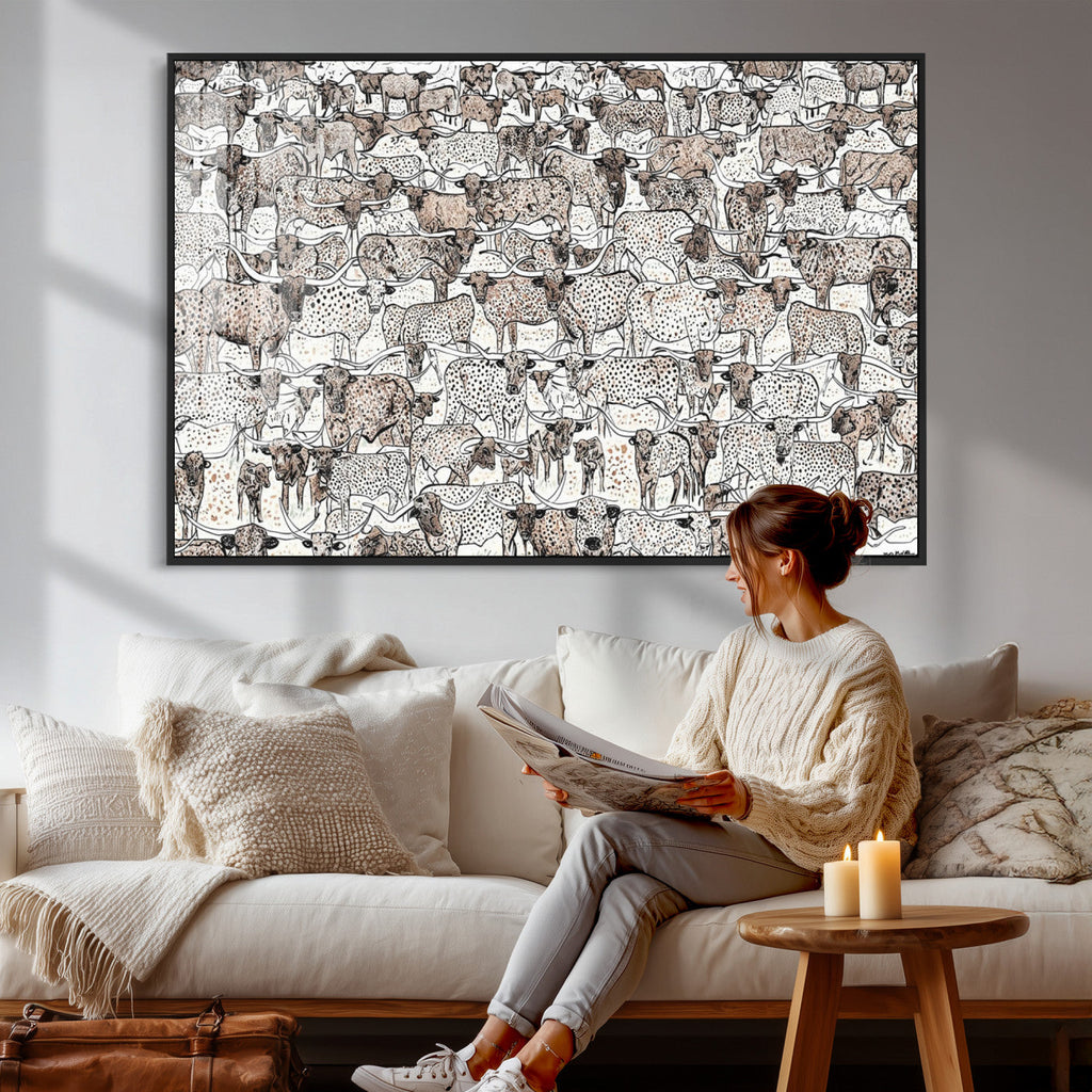 Abstract Texas Cow Wall Art Canvas Print, Farm Longhorn Art for Cabin Decor