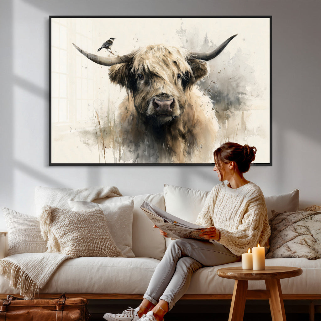 Abstract Highland Cow Wall Art Canvas Print, Rustic Farm Cattle Portrait