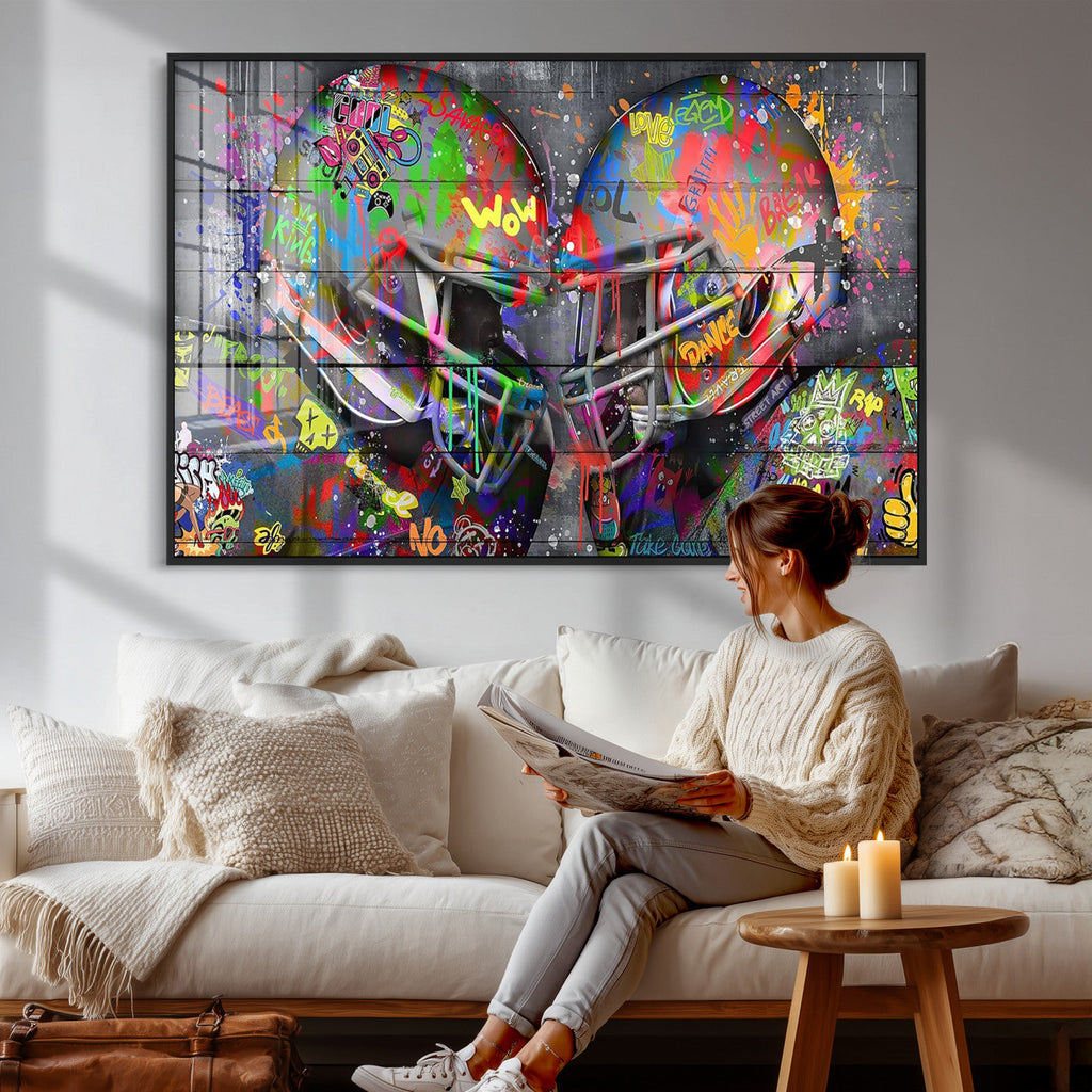 Graffiti Football Helmets Wall Art Canvas Print, Urban Street Art