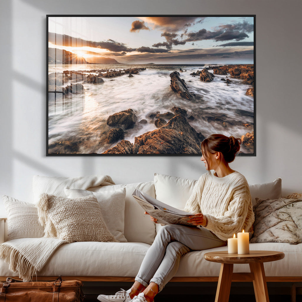 Rocky Coast Ocean Sunset Wall Art Canvas Print, Dramatic Seascape Nature Decor