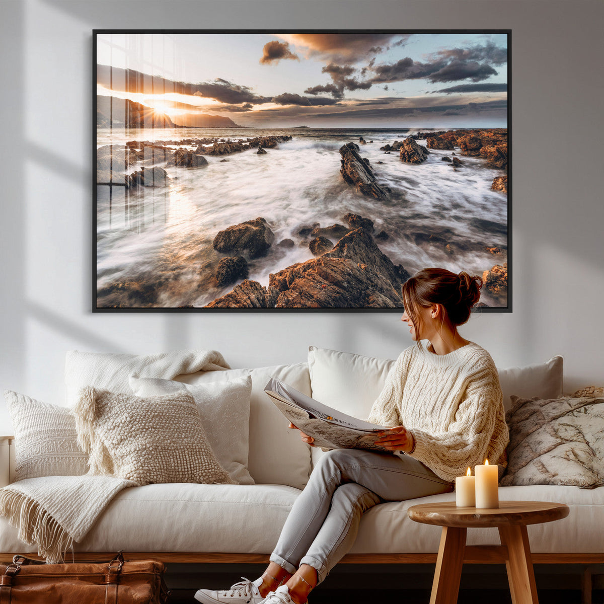 Rocky Coast Ocean Sunset Wall Art Canvas Print, Dramatic Seascape Nature Decor