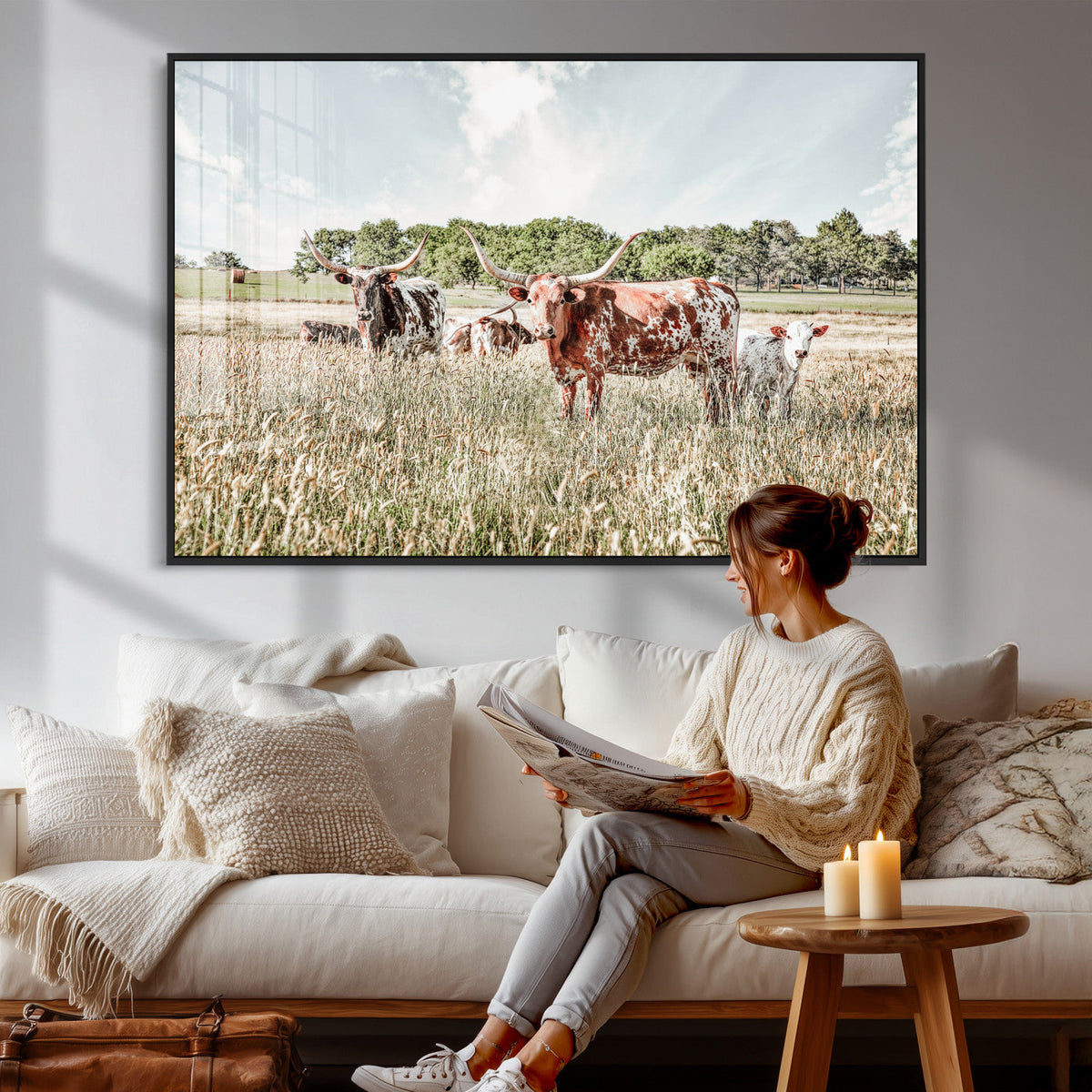 Texas Longhorn Cattle Wall Art Canvas Print, Western Ranch Landscape Decor