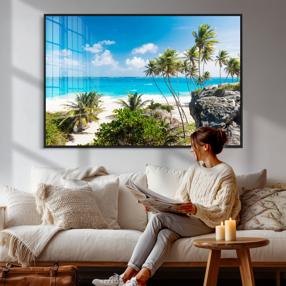 Tropical Beach Wall Art Canvas Print, Palm Tree Ocean Landscape Photography