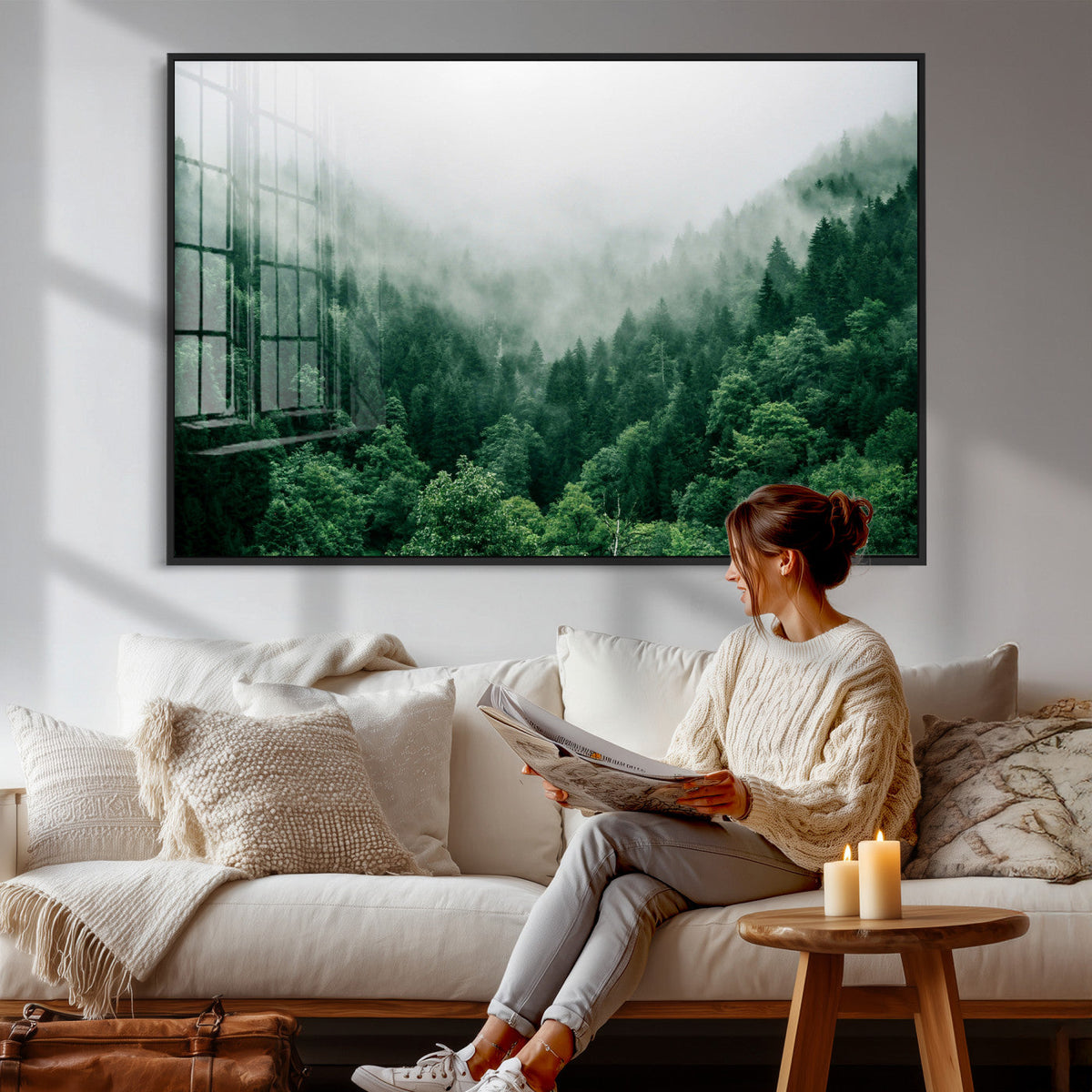 Misty Pine Forest Wall Art Canvas Print, Foggy Evergreen Landscape
