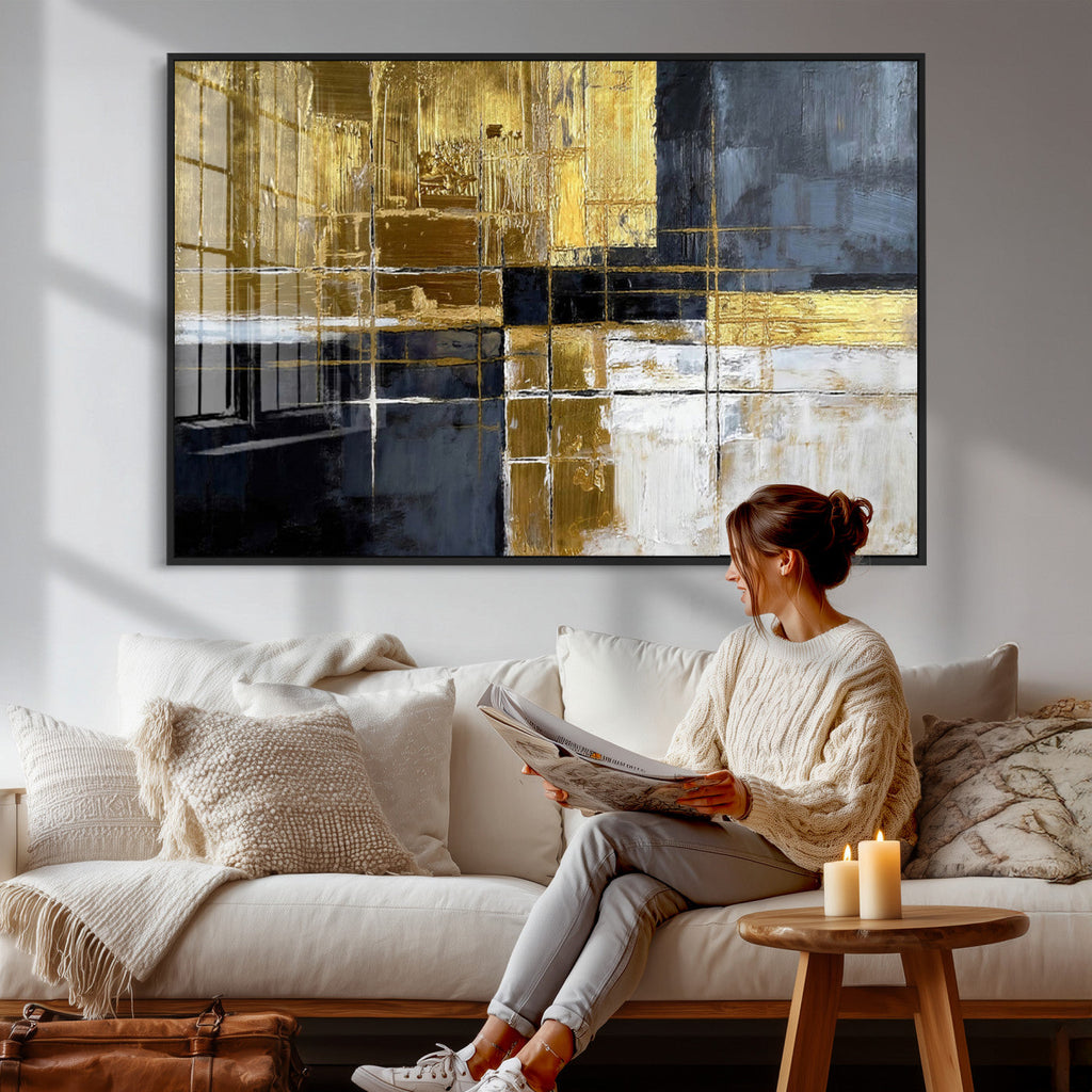 Gold Navy Abstract Wall Art Canvas Print, Modern Luxury Geometric Art for Living Room and Office