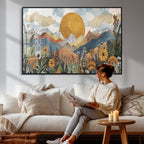 Boho Mountain Landscape Large Wall Art, Horizontal Gold Sun and Flowers Print
