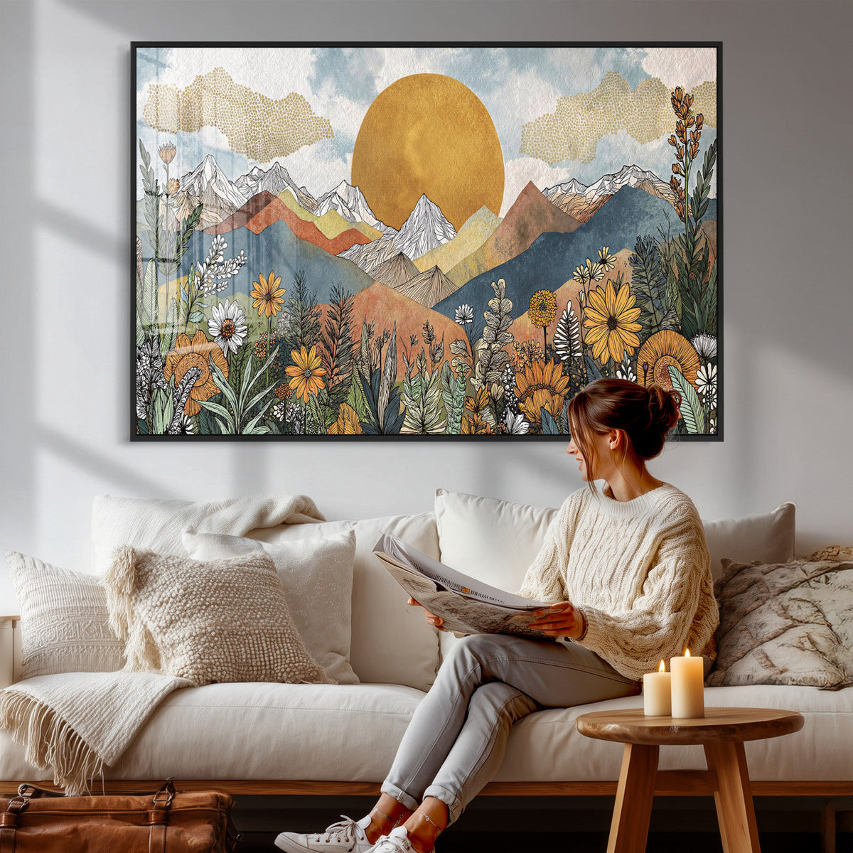 Boho Mountain Landscape Large Wall Art, Horizontal Gold Sun and Flowers Print