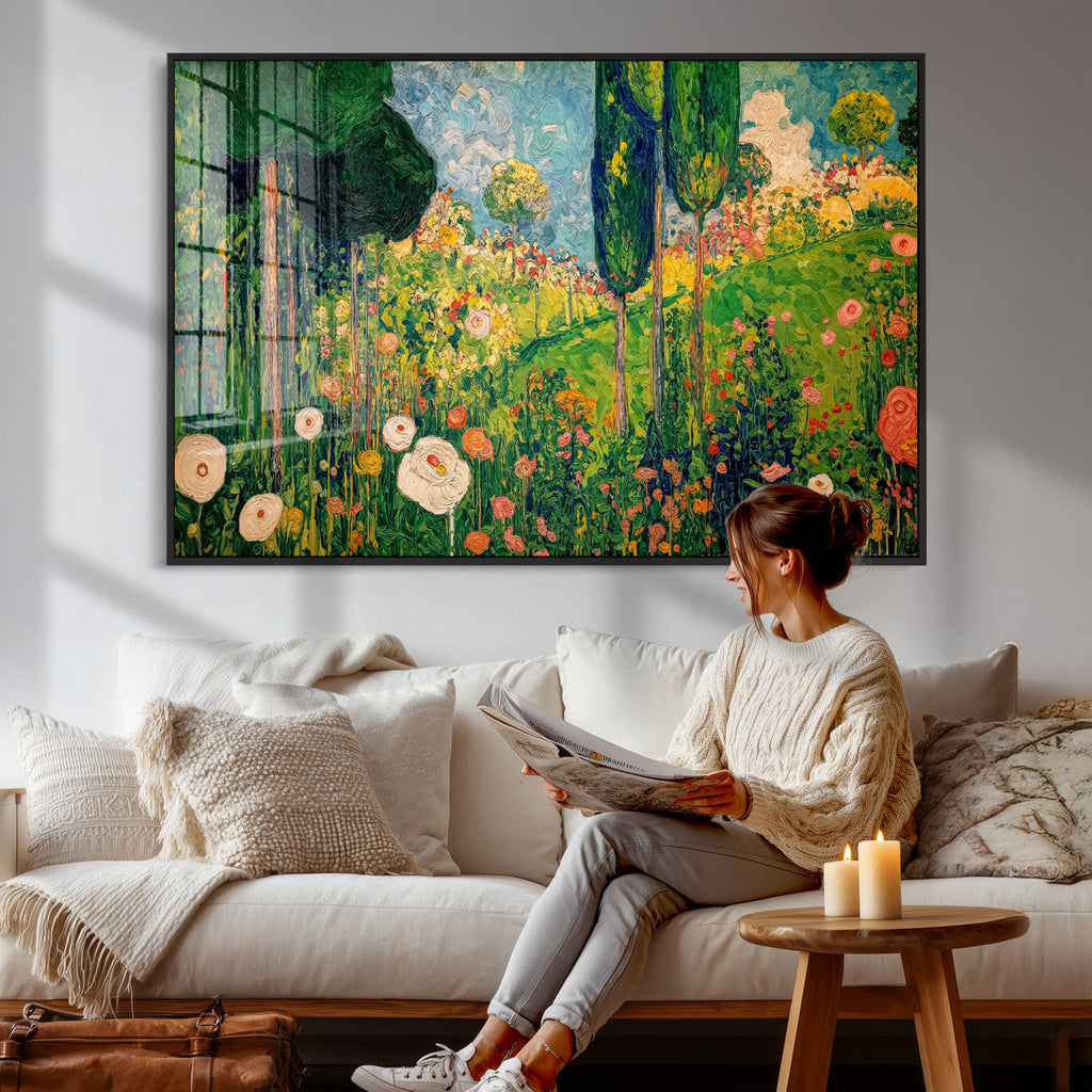 Gustav Klimt Boho Mountain Landscape Large Wall Art, Gold Sun and Flowers Print