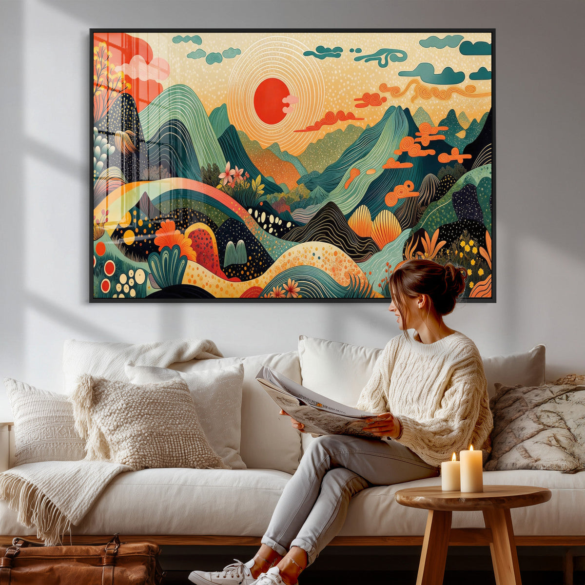 Yayoi Kusama Boho Mountain Landscape Large Wall Art, Gold Sun and Flowers Print