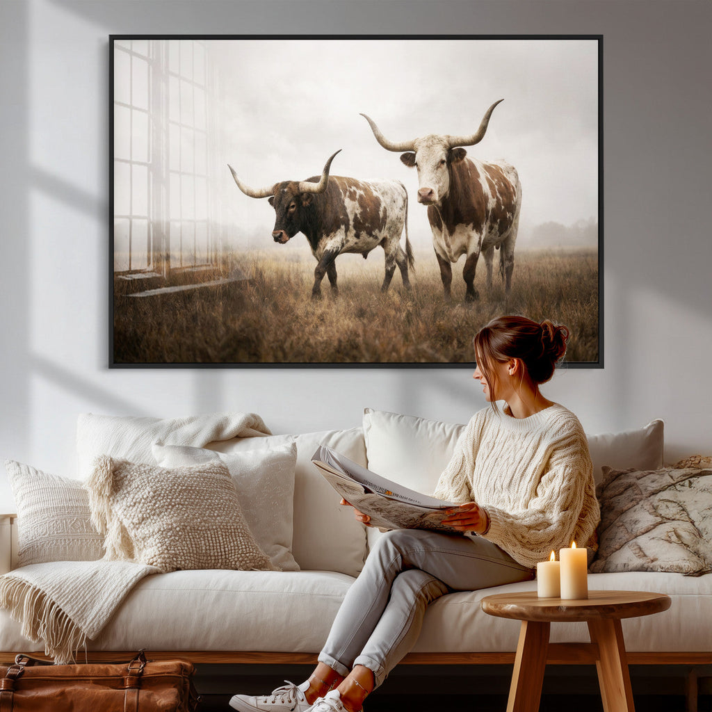 Texas Longhorn Canvas Wall Art Western Bull Desert, Rustic Farmhouse Wall Decor