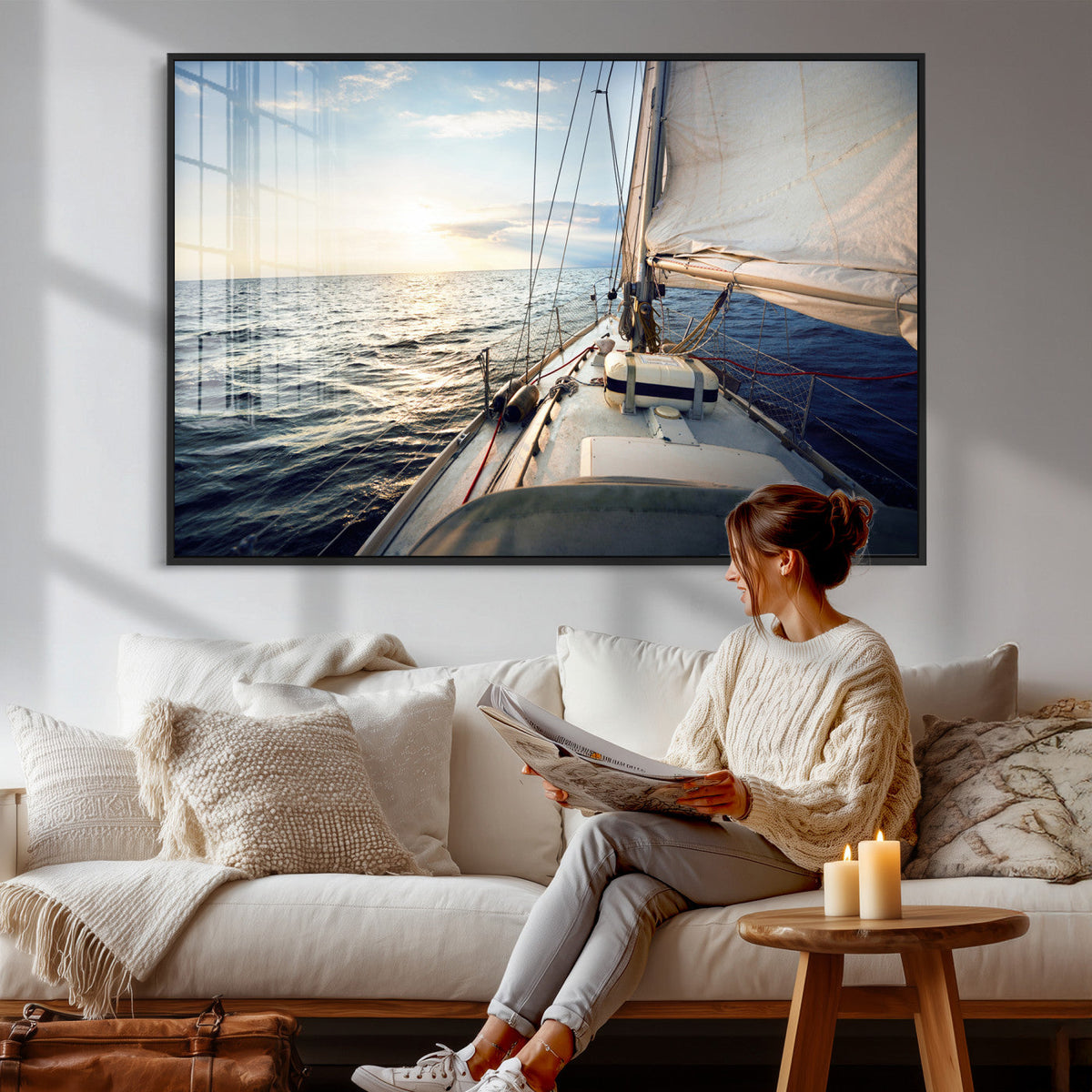 Sailboat Wall Art Canvas Print, Ocean Sunset Sailing Framed Artwork