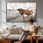 Vintage Texas Cow Wall Art Canvas Print, Rustic Longhorn