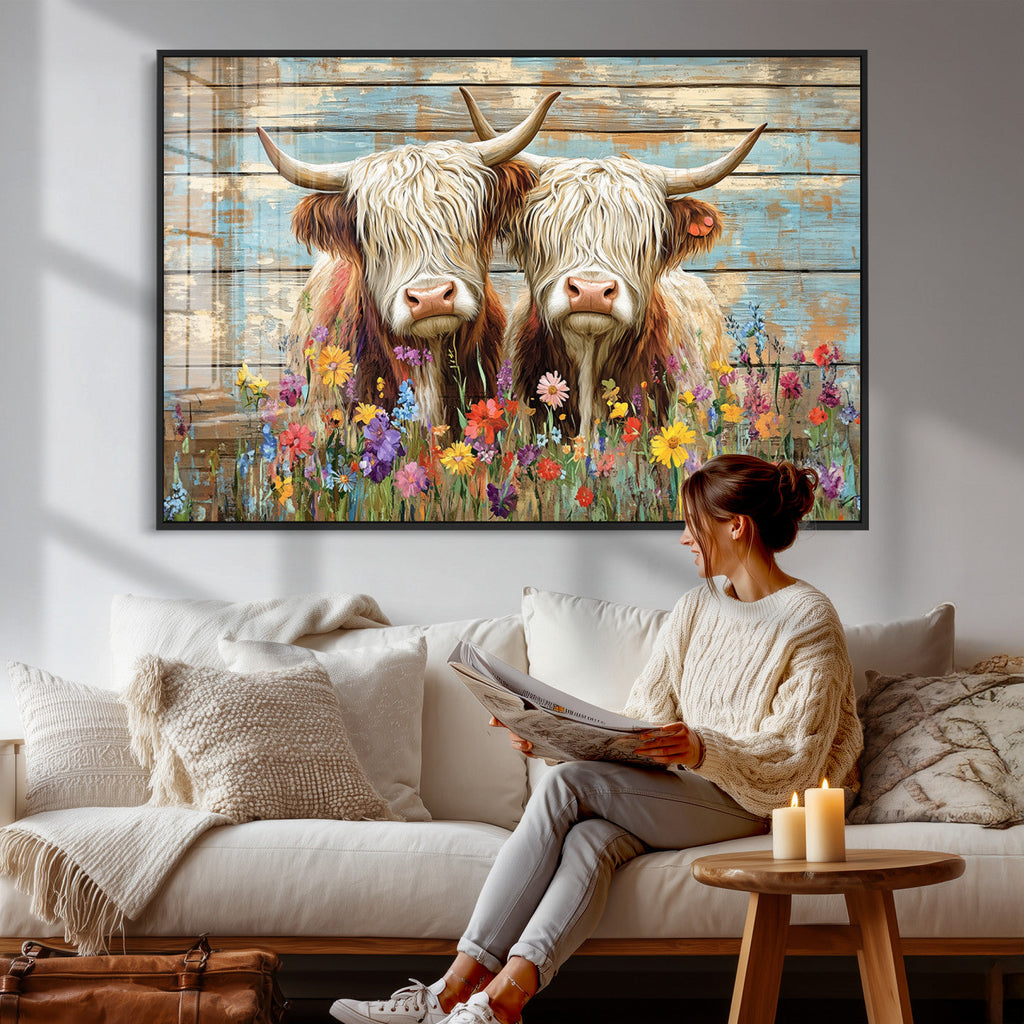 Cute Highland Cow Canvas Wall Art - Rustic Farmhouse Decor