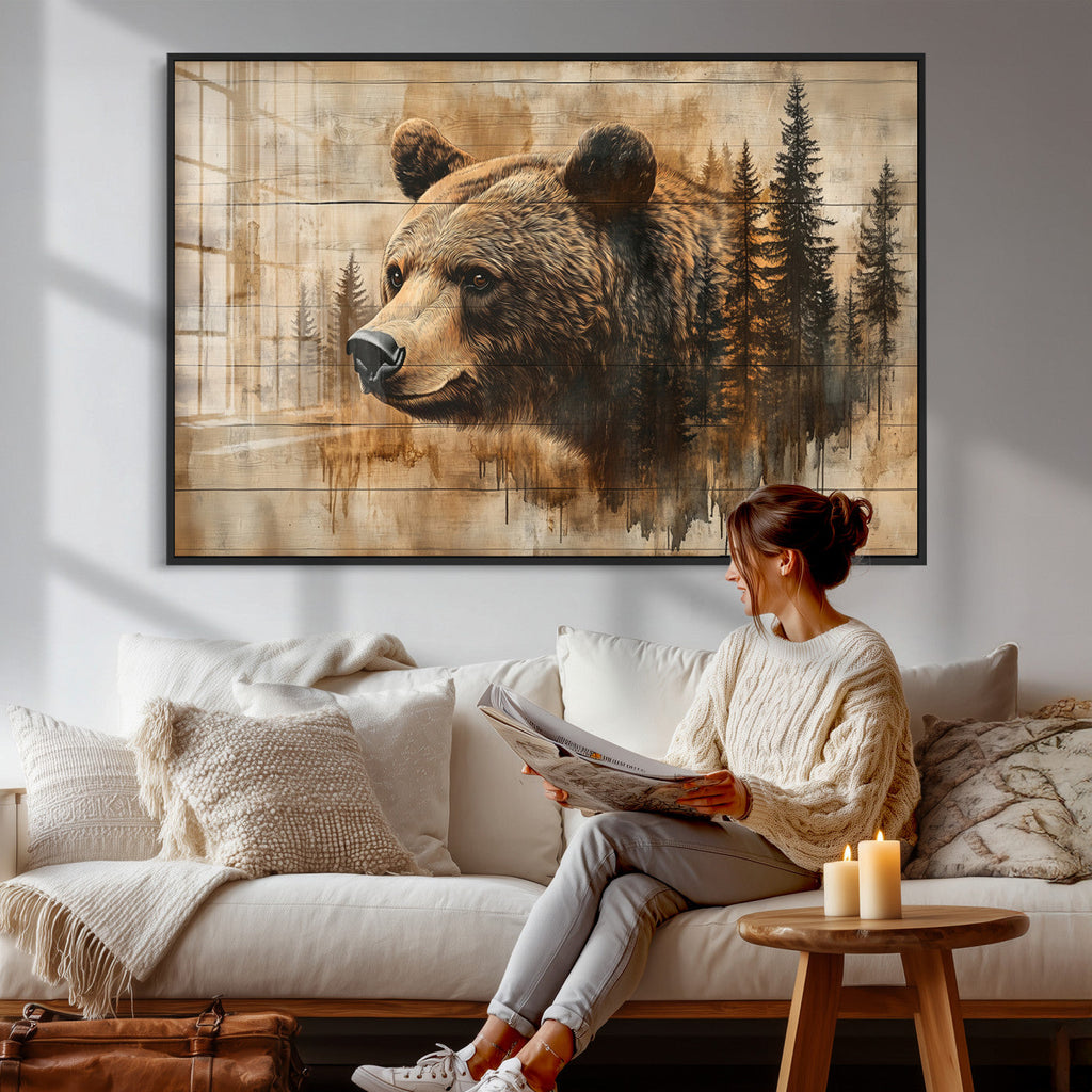 Rustic Grizzly Bear Wall Art, Abstract Grizzly 399 Bear Canvas Print, Woodland Wildlife